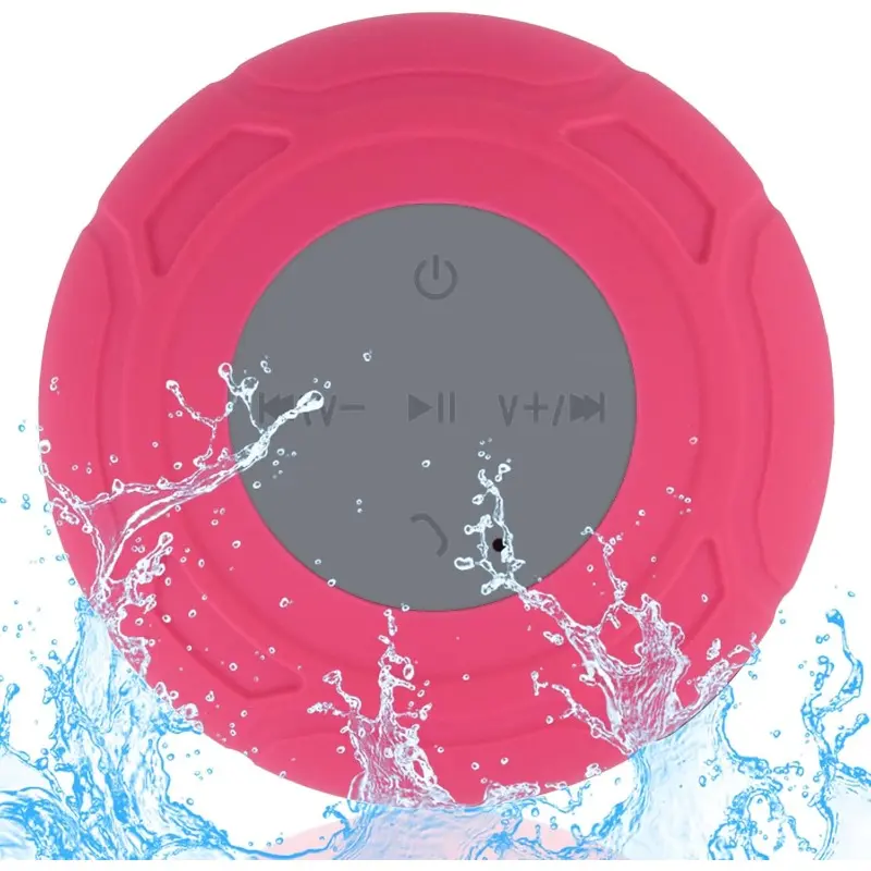 Wireless Portable Water-Resistant Audio Speaker with Suction Cup, Built-in Mic for Speakerphone Use in Bathroom, Laundry Room - Red Gift Option