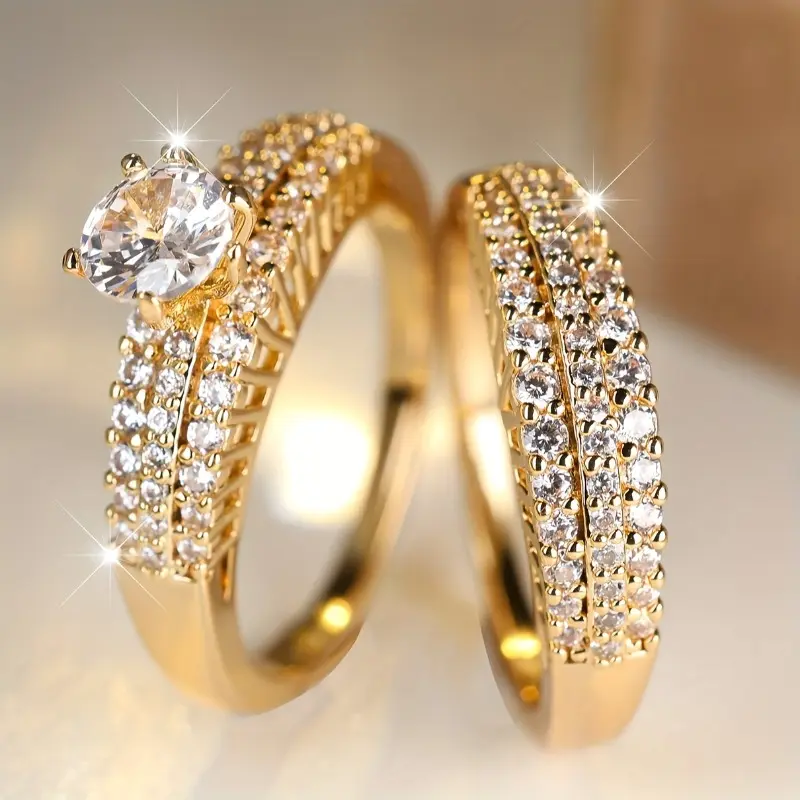 Fashion Costume Jewelry 2-Piece Sets - Elegant Glittering Stackable Rings, Paved Shining Zirconia, Silvery/Golden, Bridal Engagement & Gold Wedding Ring Dupes