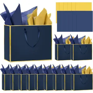 Epoesch 12 Pack Navy Blue Gift Bags with Handles – Includes 24 Tissue Paper – 11.8"x10"x4" – Elegant 5 Senses Gift Bags for Wedding, Bridesmaids, Groomsmen, Guests, Father's Day, Holidays (Navy Blue, Gold)