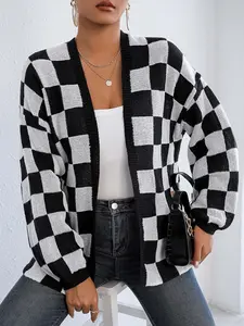 Colorblock Plaid Oversized Casual Sweater Coat, Stylish Relaxed Fit with Unique Checkered Pattern Design, Perfect for Everyday Wear, Women
