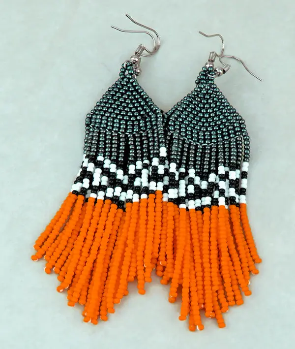 Tassel Earrings for Women, Handmade African Beaded with Zulu Ethnic Patterns, Long 13-Tassel Costume Accessory in Orange