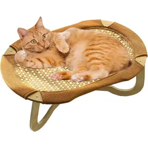 Colourtree Rattan Cooling Cat Bed - Elevated Lounge Chair with Natural Scratch-Resistant Frame, Breathable Indoor Pet Bed for Cats & Small Dogs, 23.23x14.96x8.07 Inches, Brown, Polyester