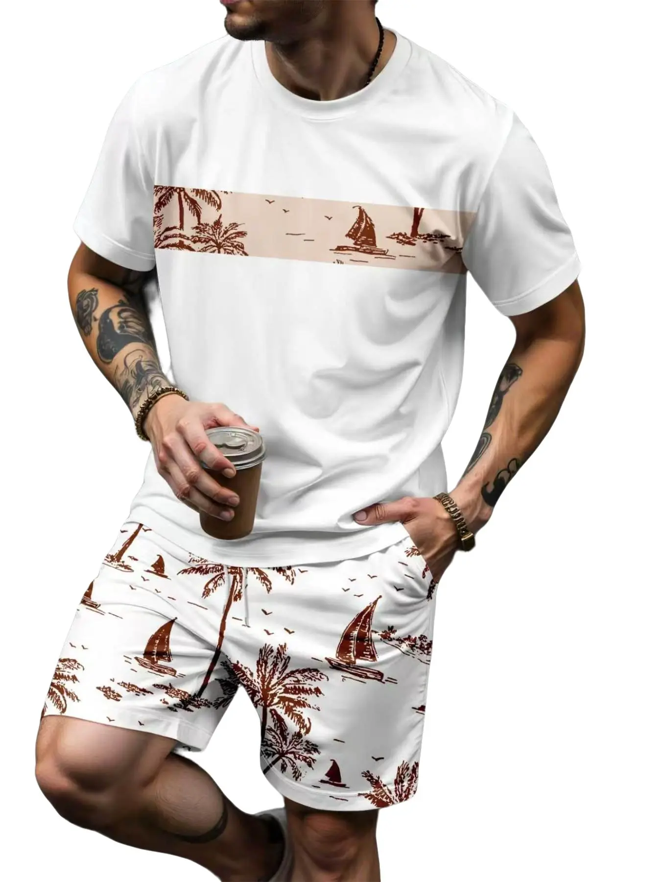 Men's Tropical Landscape Print T-Shirt + Gold Palm Tree Sailboat Print Shorts Outfit, Casual Loose-Fitting Two-Piece Casual Set