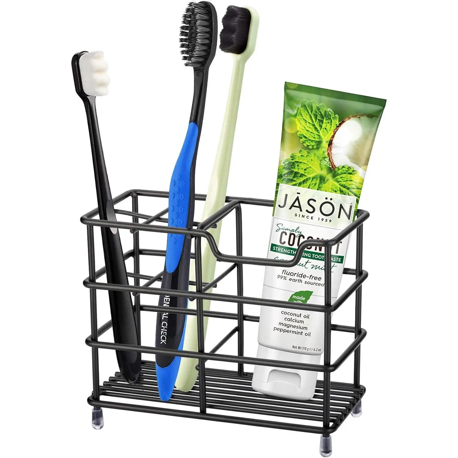 304 Stainless Steel Freestanding Bathroom Toothbrush Holder - Non-Slip, Durable Organizer for 4 to 7 Items, Small Black Bathroom Accessory (Fits Toothpaste)
