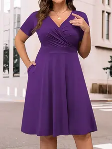 Plus Size Fashionable Chic High-End Ruffled V Neck Slimming Dress, Short Sleeve Solid Color Women’s Casual Dress for Elegant Occasions