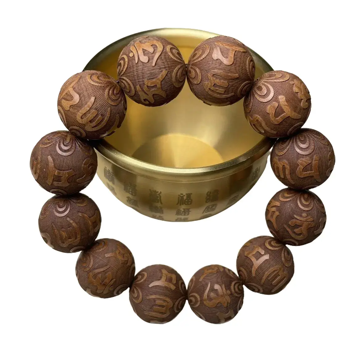 Unisex Vintage Carved Wood Buddhist Prayer Bracelet, 12-20mm Round Beads with Adjustable Sliding Knot, 6 Channels Spirit Symbols Buddhism Collectibles Cultural Fashion Accessory