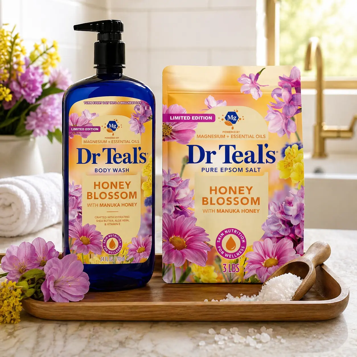 Dr Teal’s Honey Blossom Body Wash 24oz + Epsom Salt 3lb Bundle – Magnesium, Manuka Honey, Essential Oils, Hydrating Bath Set