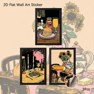2D Flat Wall Art Sticker, 3Pcs PVC Self-Adhesive Framed Wallpaper, Retro Kitchen Still Life with Pancakes Sunflowers & Wine Illustration Wall Decals, Aesthetic Cozy Home Cooking Art Decor for Kitchen Dining Room, Perfect Gift for Cottagecore Fans