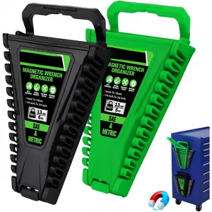 2-Piece Magnetic Wrench Organizer, Metric & SAE Portable Plastic Wrench Holder, 24-Slot Total, Foldable Carrying Handle for Wall-Mounted, Easy-Open Lock Co