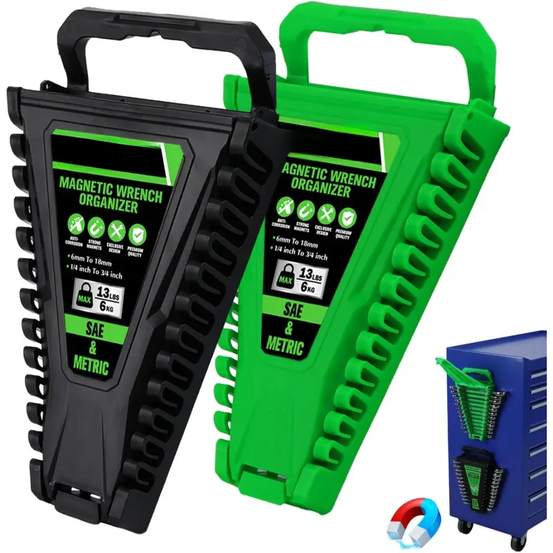 Magnetic 24-Slot Wrench Organizer Set – 2-Piece Metric/SAE Plastic Wrench Holders with Foldable Handle, Wall Mount Design, Easy-Open Lock for Automotive Repair Tools