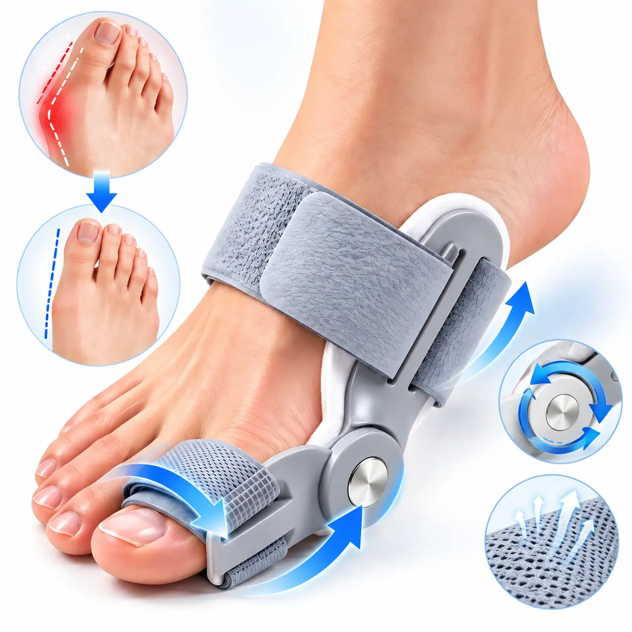 Big Toe Bunion Corrector Brace with Adjustable Angle Design, Breathable Hallux Valgus Splint with Secure Straps, Wearable Foot Support for Day & Night Comfort