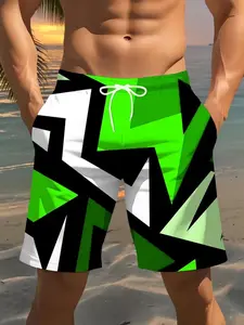 Men's Geometric Patchwork Shorts, One Love Letter Casual Trunks, Breathable Washable Beach Vacation Pants