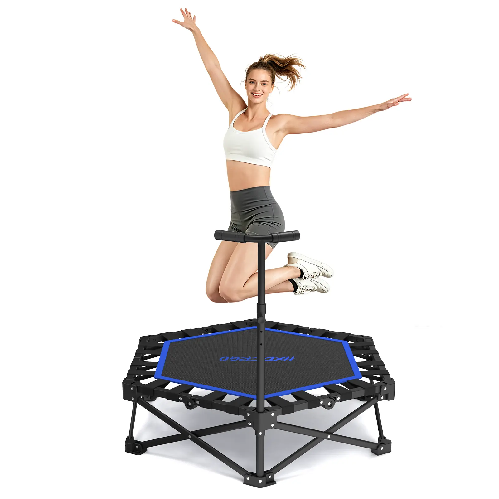 HXD-ERGO Compact Folding Rebounder Trampoline with Height-Adjustable Handlebar, Indoor-Outdoor Cardio Fitness Equipment for Adults, Full Body Workout, Easy to Use