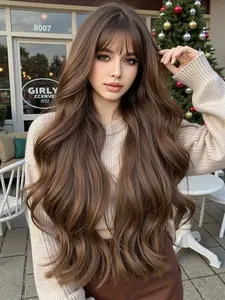 30 Inch Gradient Long Curly Bangs Wig, Natural Everyday Style for Women, Versatile Fiber Hairpiece, Synthetic Hair Wig, Perfect for Daily Wear, Natural Looking Wig, Deep Wavy Wigs