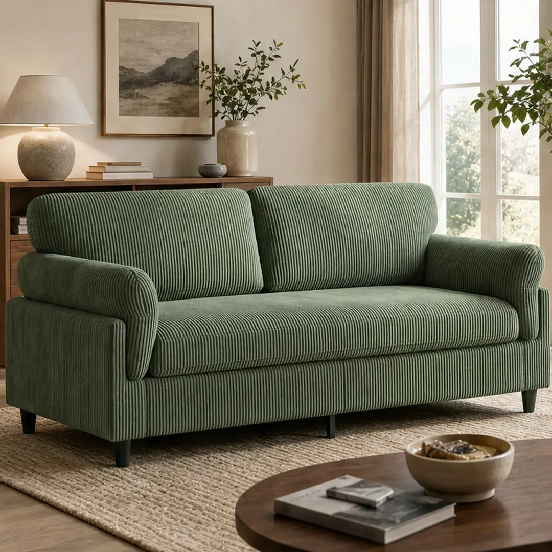 ARCH Midcentury Modern 2-Seater Corduroy Cloud Loveseat Sofa - 82.6" Sturdy Indoor Couch, 35.5" W x 80" D x 35.5" H, 850 lbs Capacity, Solid Wood-Iron Frame, High-Density Foam, Easy Assembly, Camel/Green, for Living Room, Decorative Lounge Chair Sofa