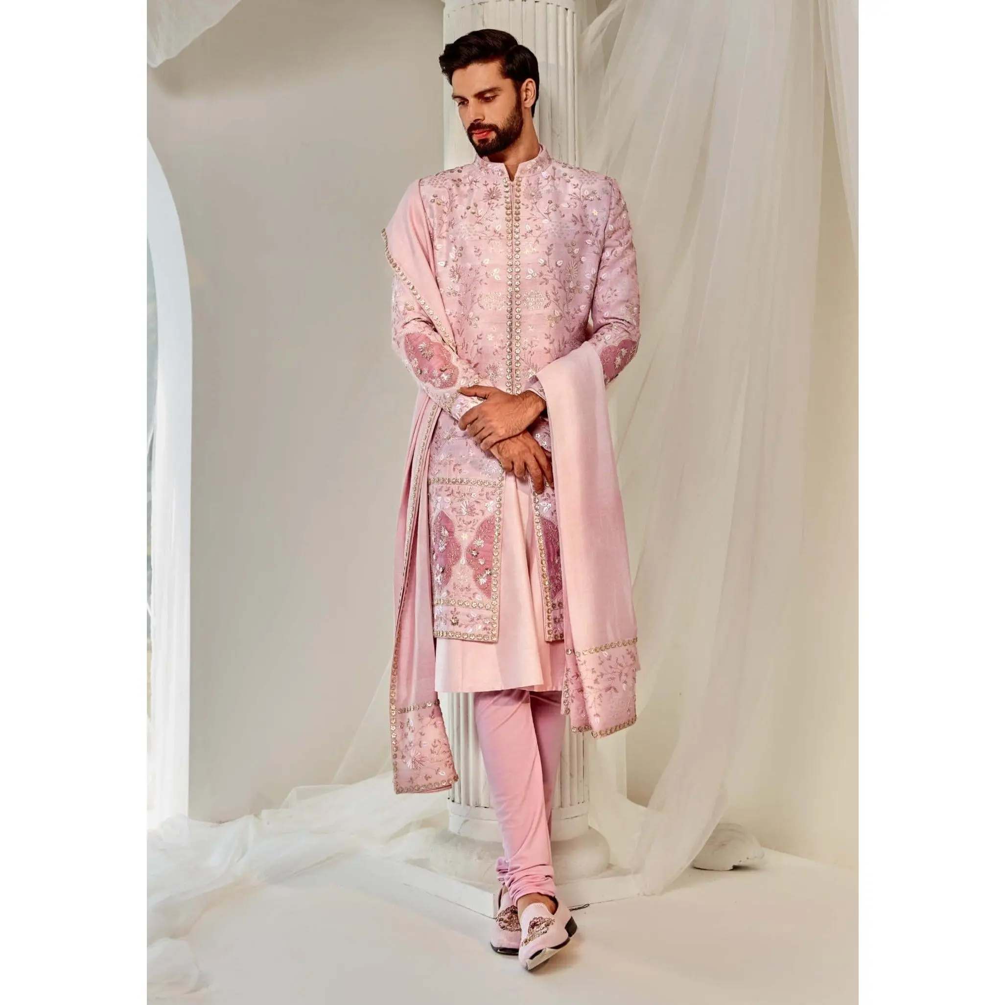 Salmon pink embroidered sherwani set