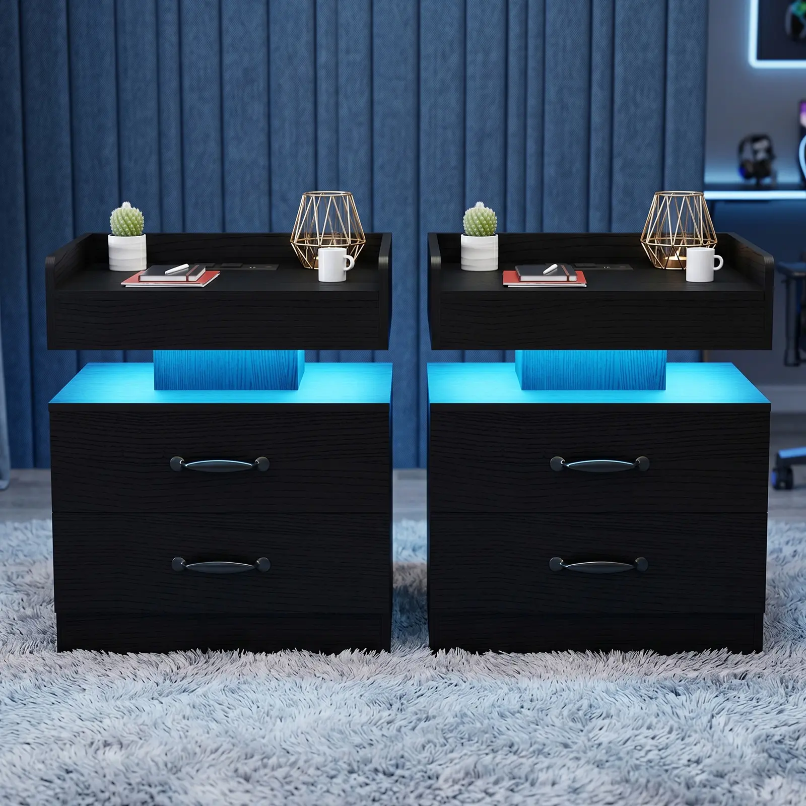 Modern Black Nightstand with Built-in Charging Station, 16-Color Changing LED Lights and 2 Silent Storage Drawers, Versatile Bedside Cabinet for Bedroom & Living Room