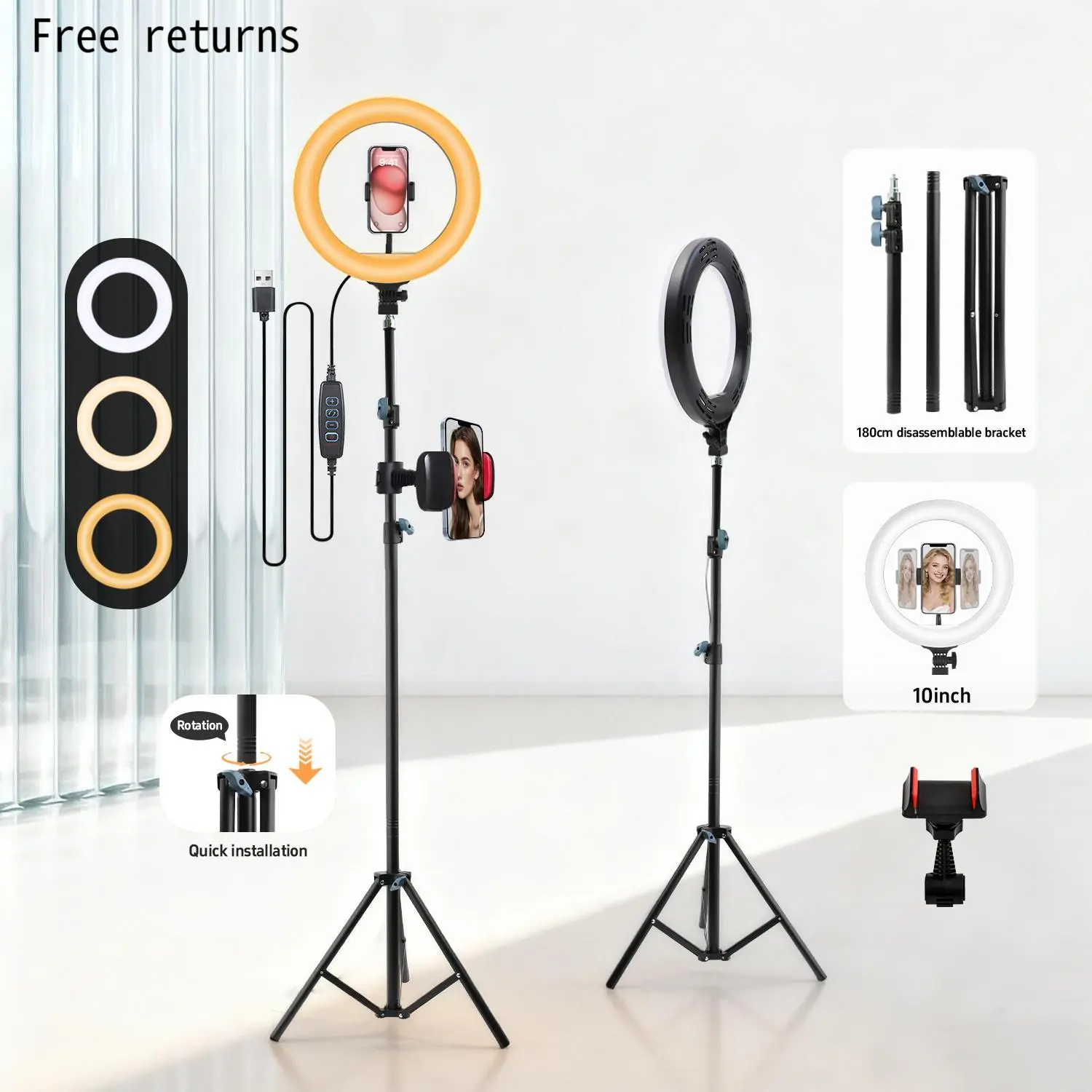 10 Inch LED Ring Light with Extendable Tripod Stand to 180cm, Phone Holder Included, Adjustable Brightness and Color for Home Studio, Video Recording, Makeup Tutorials, Bedroom Desk, Study Desk, Father’s Day