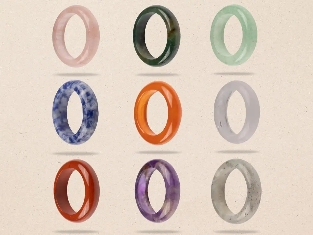 Healing Crystal Rings, Natural Stone Solid Bands, Jewelry Gifts, Energy Crystals, Minimalist Rings, US Sizes 6.5–10, 20 Natural Crystals