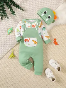 Baby Boys' Colorful Dinosaur Print Long Sleeve Romper Set with Striped Pants & Cartoon Hat Gift, Cute for Daily Wear, Baby Boy Clothes