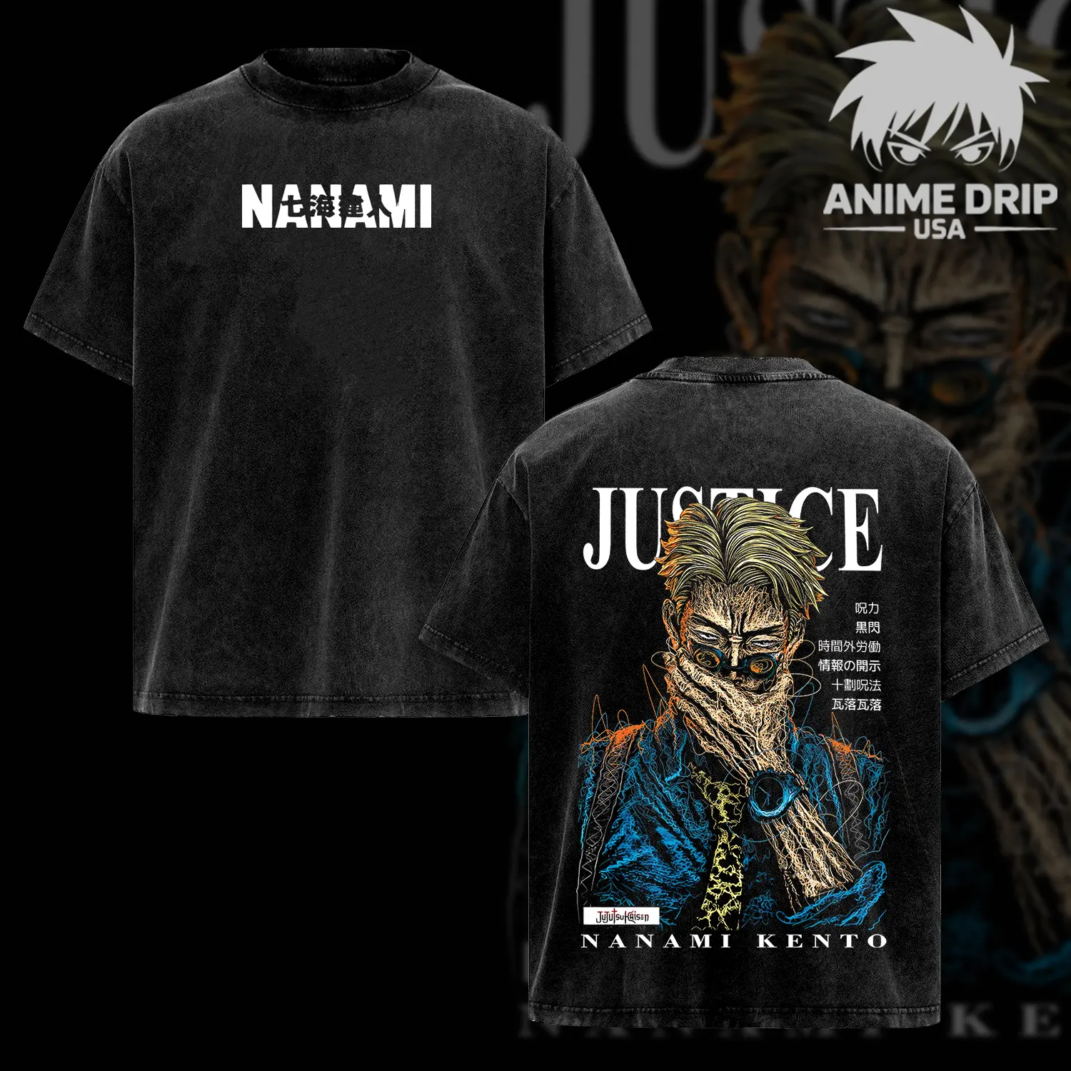 Nanami Kento Print Acid Washed Cotton T-shirt, Vintage Graphic Tee Washed For Fans Anime Jujutsu Kaisen, Design Top Cotton Streetwear Anime Manga T-shirt Clothes Menswear Womenswear, T-shirt Unisex Hot 2025