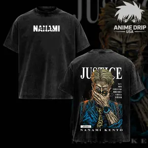 Nanami Kento Print Acid Washed Cotton T-shirt, Vintage Graphic Tee Washed For Fans Anime Jujutsu Kaisen, Design Top Cotton Streetwear Anime Manga T-shirt Clothes Menswear Womenswear, T-shirt Unisex Hot 2025