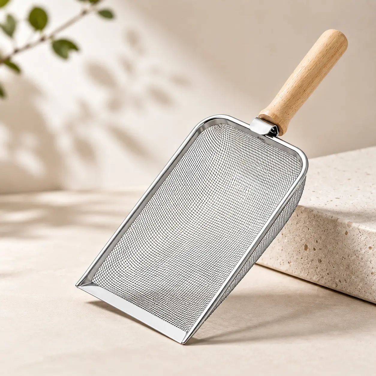 Stainless Steel Cat Litter Scoop with Fine Mesh, Wooden Handle & Hanging Hook, Fast Sifting Litter Box Cleaner