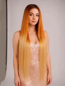 38 Inch Long straight ombre orange to blonde wig silky sleek natural middle part high density heat resistant fiber wig for women perfect for daily wear party travel photoshoot cosplay easy to wear tangle free realistic look, Synthetic Material Wigs