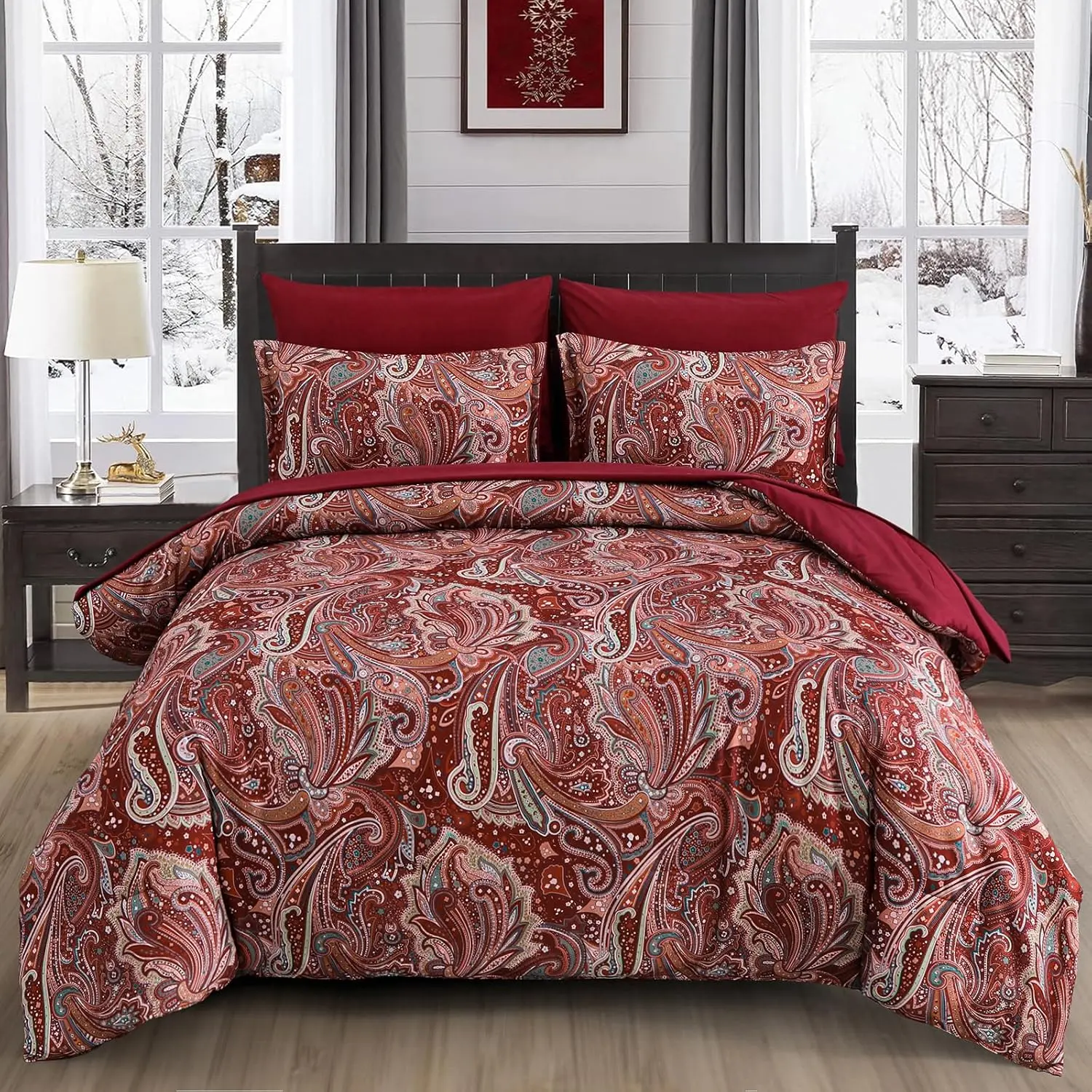 Red Paisley Comforter Set  Size, 7 count Bed in a Bag Boho Paisley  Comforter Set Soft Lightweight Microfiber Reversible Bedding Set for  Season (104''x90'')