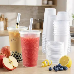 16 oz Plastic Coffee Cups with Lids and Straws, Smoothie Cup with Lid and Straw, Boba Cup Jumbo Straws for Hot and Iced Drinking,Leak-Proof Lids,Frosted Design for Home & Commercial Use,40 Pack large plastic cup