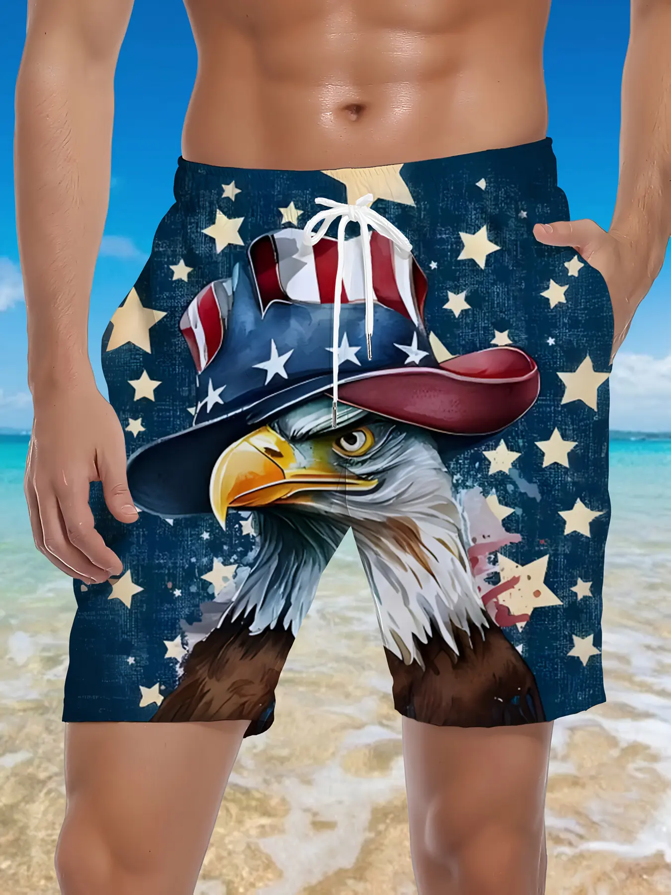 Men's Extra Large 3D Eagle Pattern Beach Shorts, Swimming Shorts, Swimwear Shorts, Summer Swim Trunks - Patriotic American Flag Design, high-waist design, lightweight polyester fabric, perfect for sports, leisure and travel, casual outdoor wear