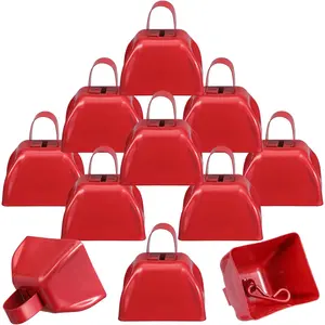 12 Pack Metal Cow Bells Noise Makers with Handle 3 Inch Hand Percussion Cowbells Bulk Loud Call Bell for Sporting Events Cheering Football  Team Spirit Weddings Party Noisemakers (Red)