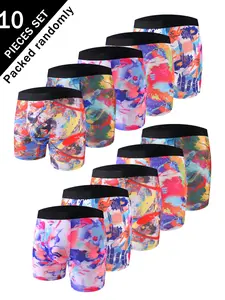 Men's Long Briefs Pack of 10, Comfortable Lightweight Mid-Waist Underwear, Trendy Fashion Colorful Print Boxer Shorts, Stretchy Boxer Briefs
