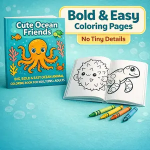 Cute Ocean Friends Coloring Book for Kids & Adults Bold & Easy Sea Creatures Relaxing Underwater Fun 90+ Charming Illustrations