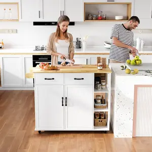 【GARVEE】Rolling Kitchen Island With Storage, Portable Kitchen Island Cart With Drop Leaf Countertop, Mobile Kitchen Islands With Spice Racks & Towel Rack, Breakfast/Bar Cart With Storage Cabinet & Drawers