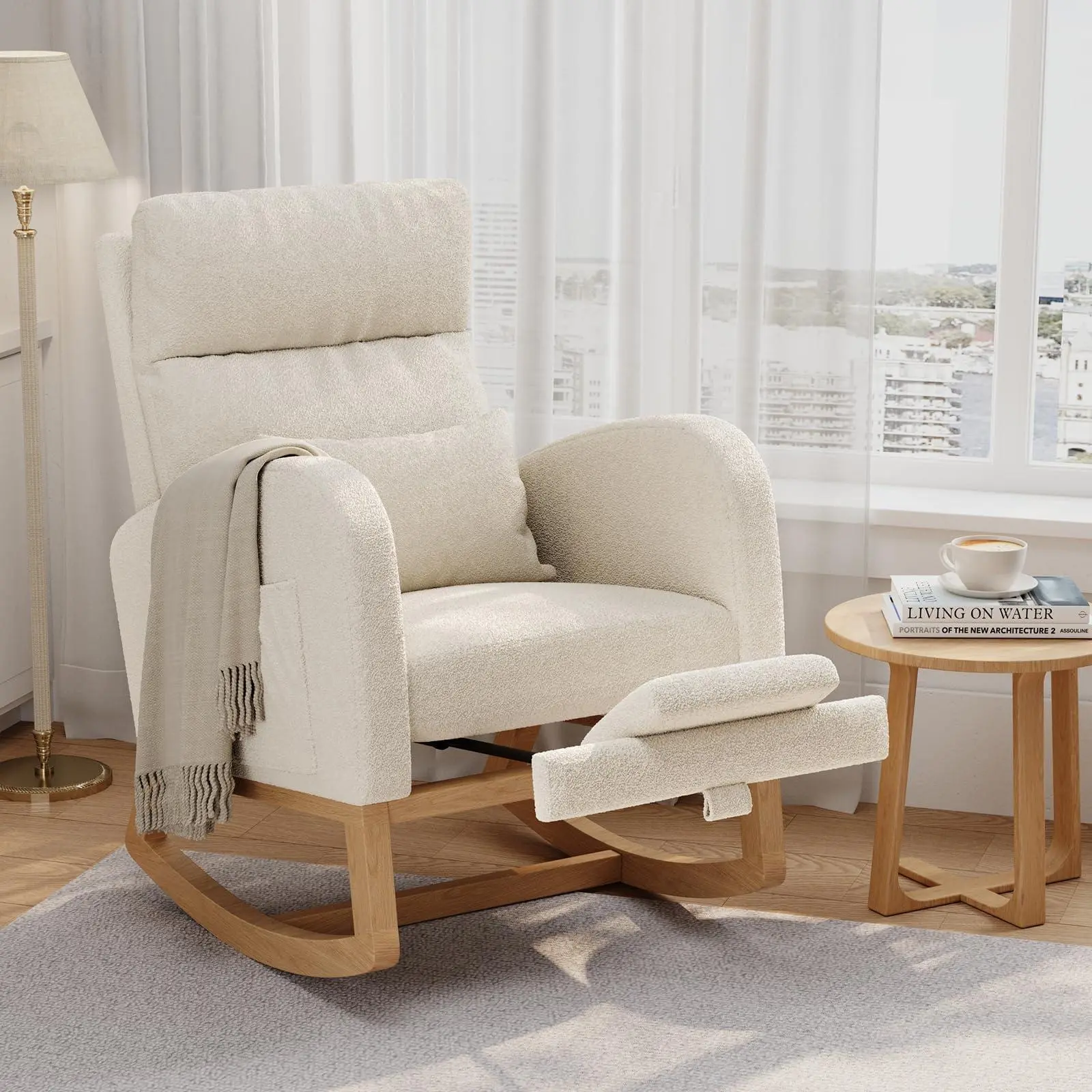 Garvee Rocking Chair, Nursery Glider Chair with Footrest, White | Modern Teddy Fleece Rocking Chair with Side Pocket and Pillow, Rocker Chair for Living Room Bedroom Nursing Room