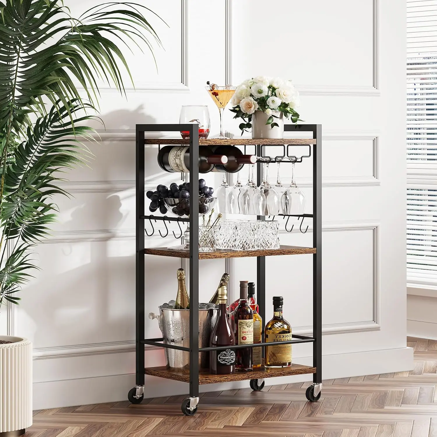 TUTOTAK Bar Cart with Wheels, Mini Drink Cart with Wine Rack & Glass Holder | 3-Tier 17 Inch Wide Home Bar Serving Carts, Small Mobile Kitchen Shelf with 6 Hooks, Rustic Brown BC01BB035