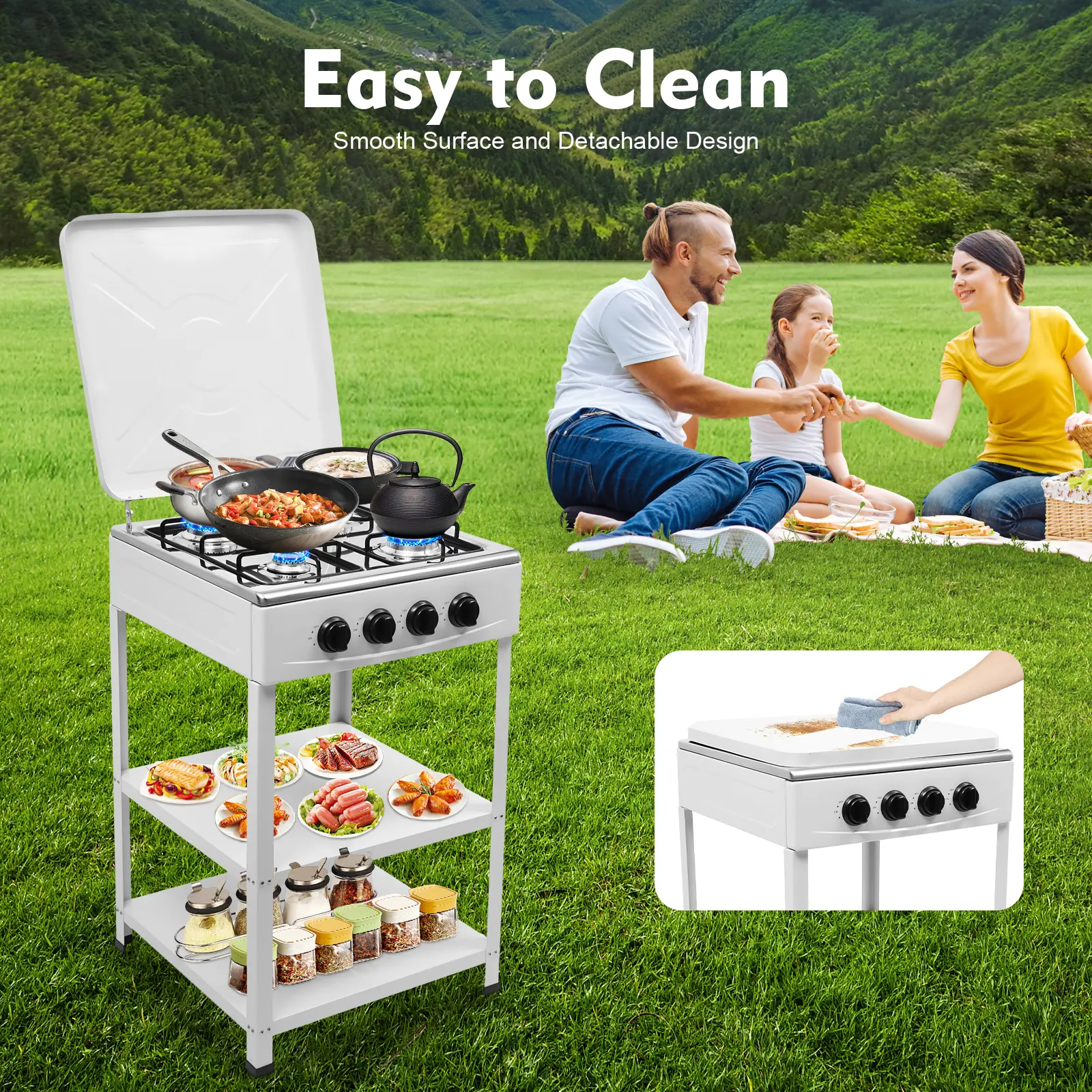 4-Burner Rectangular Freestanding Gas Stove, 19.3x19.3in Minimalist Camping Accessory, Outdoor Kitchen Supplies with 2 Storage Shelves, Manual Ignition, Easy to Clean & Move, Assembly Required for Home Camping,summervibes