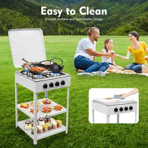4-Burner Freestanding Gas Stove, 19.3x19.3in, Camping Accessory, Outdoor Cooking Supplies with 2 Storage Shelves, Manual Ignition, Easy to Clean & Move for Home Camping