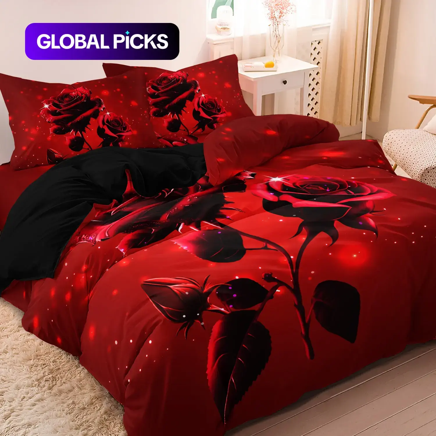 Rose Pattern Decorative Duvet Cover Set, 3 Counts/set Including 1 Duvet Cover & 2 Pillowcases without Filler, Soft and Comfortable Floral Bedding Set for Home Bedroom Cozy Bedding Set #GLOBAL PICKS