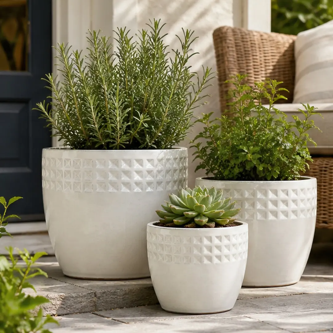 ARCH Handmade Ceramic Flower Pot Set of 3, 15/12/9 Inch Diameter, White Diamond Pattern, Breathable Clay Pots for Succulents Indoor Outdoor, Windowsill Bookshelf Planter, Ancient White, Ancient White Color Options, Ceramic Material