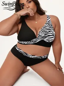 Briza｜Plus Size Two-Piece Swimsuit For Women In Black And White Zebra Print Bathing Suits 2 Piece Set High Waisted Bikini Sets With Push Up Bikini For Vacation Swimwear For Women Plus Size Swimwear Plus Size Swimsuits Bathing Suit Women Set
