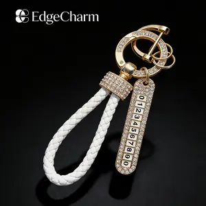 Luxury Rhinestone Car Keychain with Anti-Lost Number Plate, Hand-Woven Leather Key Ring with Bling Diamond Detail, Premium Car Accessory for Women Men