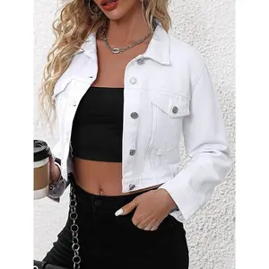White Long Sleeves Denim Jackets, Single-Breasted Button Flap Pockets Lapel Denim Coats, Women's Denim Clothing Tops Womenswear Polyester Solid Basic Fitted