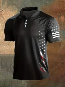 Summer New Star-Spangled Print Collared Polo Shirt, Slim-Fitting Short Sleeve, Casual Style, Unlined Plain Surface, Weighted at 88.2g/m²
