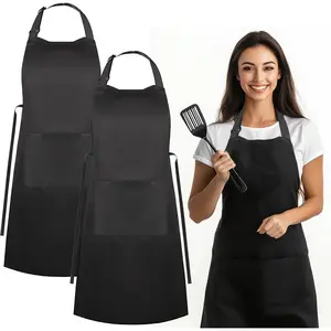 Chef Apron - 2 Pack Unisex Aprons for Cooking with Large Pockets Black Apron Dress Cooking  Aprons for Dishwashing Kitchen Accessories Plus Size Grilling Baking Apron 27.5 x 31.5 in