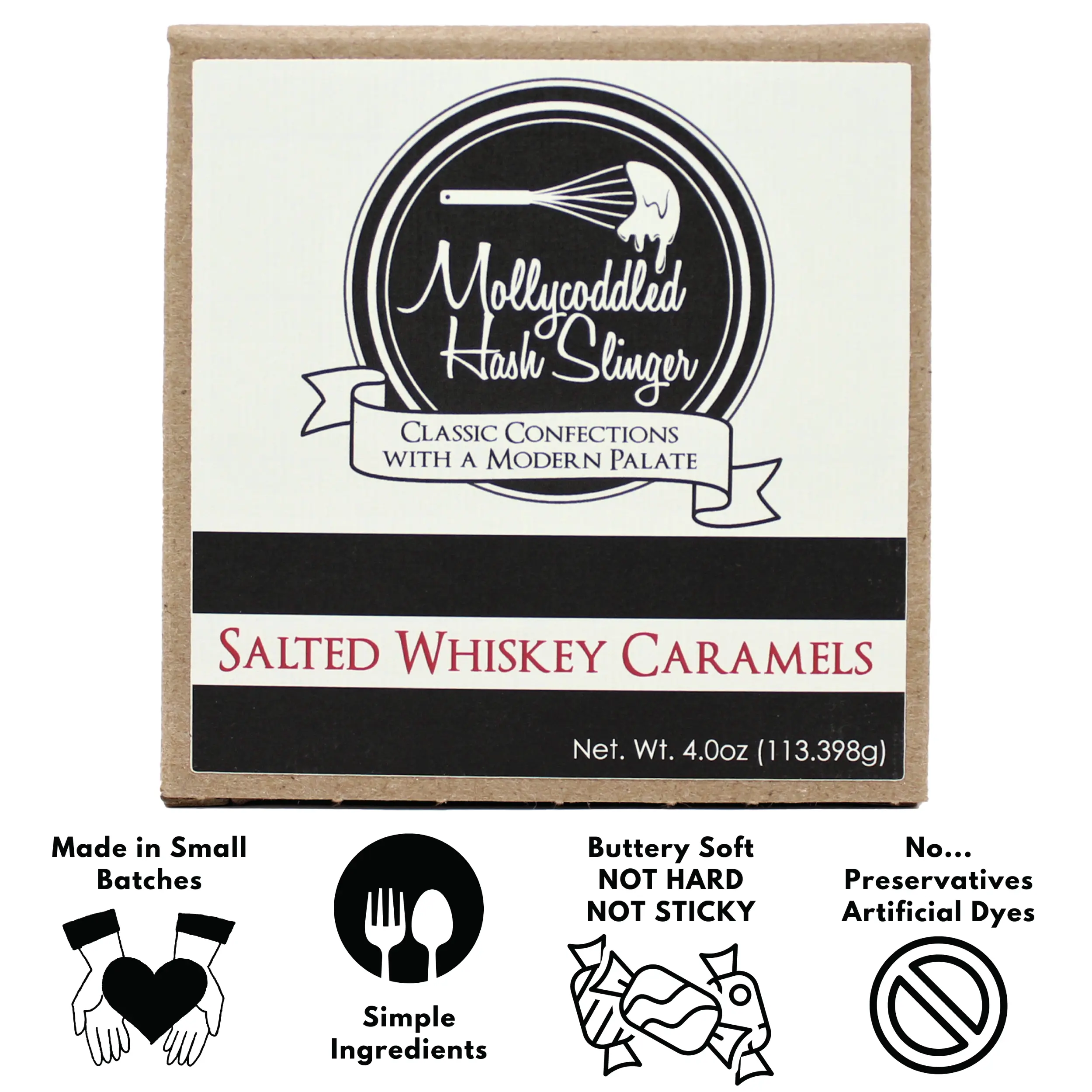 Mollycoddled Hash Slinger - Salted Whiskey Caramels - 4oz box - Handmade Soft Caramels - Individually Wrapped Candy - Candy Gifts - Gluten Friendly Candy - Dye Free Candy - Sweets - Small Batch - Preservative Free Food - Snack retro candy