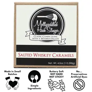 Mollycoddled Hash Slinger - Salted Whiskey Caramels - 4oz box - Handmade Soft Caramels - Individually Wrapped Candy - Candy Gifts - Gluten Friendly Candy - Dye Free Candy - Sweets - Small Batch - Preservative Free Food - Snack retro candy