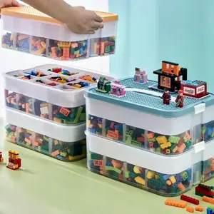 2-layer Building Block Storage Box with Lid & Grid, Multi Compartment Design, 1 Count Large Portable Storage Box for Building Blocks, Snacks, Classified Storage Box for Bedroom, Living Room, Organiser