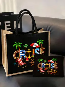 2-Piece Ocean Element Themed Linen Tote Bag Set, Versatile Large Capacity Bags for Beach, Travel & Daily Use, Ideal for Gifts